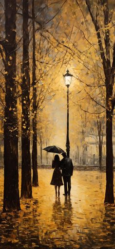 a painting of two people walking under an umbrella on a rainy day in the park