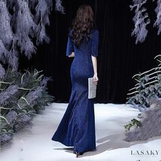 Lasaky - Navy Blue Evening Gown with Mermaid Tail for Hostess Navy Blue Evening Gown, Blue Evening Gowns, Elegant Ball Gowns, Formal Dresses With Sleeves, Flare Long Sleeve, Blue Outfit, Waist Circumference, Mermaid Tail, Navy Blue Dresses