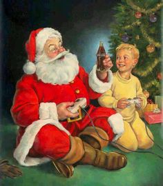 a painting of santa claus holding a beer with a little boy sitting next to him