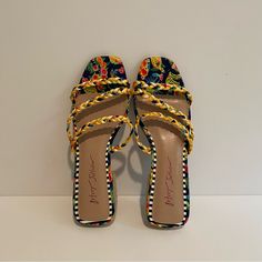 Betsey Johnson Size 9 Espadrille Sandals Multi Color Woven Brand New, Never Worn Yellow Casual Summer Heels, Yellow Summer Heels With Round Toe, Casual Yellow Summer Heels, Yellow Round Toe Summer Heels, Yellow Round Toe Heels For Summer, Casual Yellow Sandals With Open Heel, Yellow High Heel Sandals For Vacation, Yellow High Heel Sandals For The Beach, Casual Yellow Heels For Vacation