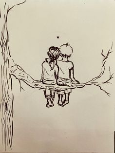 a drawing of two people sitting on a tree branch with their arms around each other