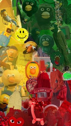 a collage of many different colored objects with faces and hands in the middle one has a cell phone on it's side