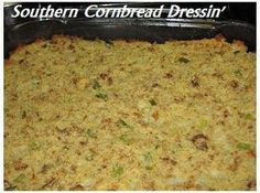 a casserole dish is shown with the words southern cornbread dressing on it