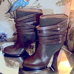 Rare Daniblack Boots. Unique. High Heel. Never Worn. Size 7m Green Wool Inset And Brown Leather. Excellent Condition Brown Heeled Boots With Round Toe For Night Out, Brown Round Toe Heeled Boots For Night Out, White Knee High Boots, Lace Up Heel Boots, Leather Cowgirl Boots, Black Cowboy Boots, Buckle Booties, Floral Boots, Brown Leather Ankle Boots