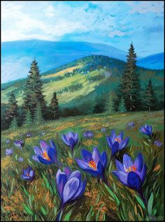 an oil painting of blue crocsants in the mountains