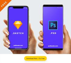 two hands holding up an iphone with the logo for sketch and photoshop on it