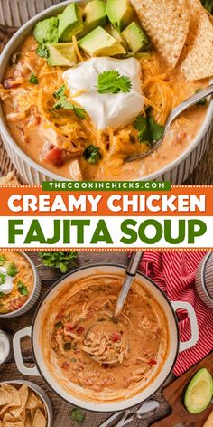 creamy chicken fajita soup in a bowl with tortilla chips and avocado