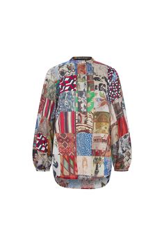 BLOOMSBURY COLLAGE' PUFF SLEEVE TUNIC - TOPS - Libertine Designer Multicolor Fall Shirt, Long Sleeve Patchwork Tops, Designer Fall Daywear Tops, Designer Long Sleeve Tops With Buttons, Designer Tops For Fall Daywear, Designer Tops For Daywear In Fall, Multicolor Shirt For Fall Daywear, Long Sleeve Patchwork Top For Daywear, Multicolor Long Sleeve Tops For Daywear