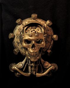 a clock with a skull on the face and two gears in it's center