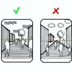 two different views of people walking down stairs with arrows pointing to the left and right