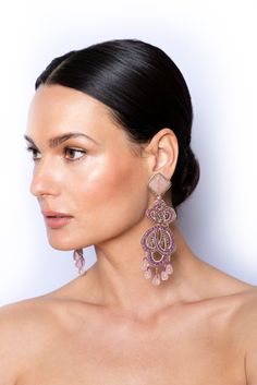 Elegant Purple Dangle Chandelier Earrings, Elegant Purple Clip-on Earrings For Formal Occasions, Elegant Beaded Earrings For Reception, Pink Beaded Drop Earrings For Wedding, Elegant Purple Clip-on Earrings, Elegant Pink Beaded Earrings For Gift, Elegant Beaded Clip-on Earrings For Formal Occasions, Elegant Purple Clip-on Earrings For Party, Pink Beaded Chandelier Earrings For Wedding