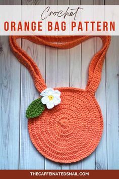 an orange crochet bag with a flower on it and the title in the middle