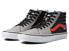 Vans Skate SK8-Hi(r) - Men's Shoes : (Lucid) Gray/Orange : Step that shoe game up a notch and skateboard with confidence in the Vans Skate SK8-Hi. These Vans are subtle but make a cool statement as they pair well with just about anything in the wardrobe. Grab that board and make incredible moves in style as these shoes also provide great support for the feet, allowing maximum performance. Cushioning and impact protection helps lessen leg fatigue for longer skate sessions. New molded heel counter Vans Sneakers Men, Vans Shoes Fashion, Long Skate, Vans Skateboard, Vans Skate, Skateboard Shop, Men's Vans, Swag Shoes, Vans High Top Sneaker