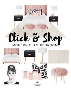 the modern glam bedroom is featured in this ad for click and shop, which features pink