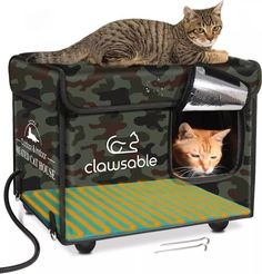 a cat laying on top of a camouflage suitcase