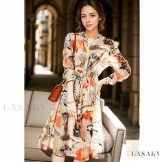 Lasaky - Artistic Print Drawstring Loose Dress with Flowy Design Artistic Floral Print Spring Dresses, Artistic Spring Floral Print Dresses, Artistic Multicolor Dresses For Spring, Artistic Multicolor Floral Print Dress, Purple Maxi Dress, Purple Maxi, Fitted Tunic, Flowy Design, Vintage Floral Dress