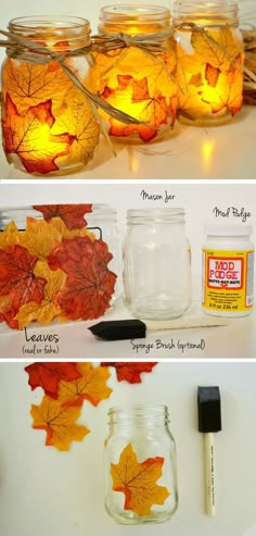 mason jars filled with fall leaves and some glue to make them look like they are floating