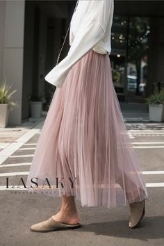 Lasaky - Sheer Mesh Pleated A-Line Midi Skirt featuring a High-Waisted Design and Exquisite Gathered Waistband Polyester Skirt, Europe Outfits, Layered Fashion, Mesh Skirt, Pink Skirt, Black White Pink, Pleated Midi Skirt, Types Of Skirts, Skirt Length