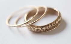 Handmade floral wedding / engagement wide band in 14k gold-filled. Handmade in your customized size. It can be worn alone, or as a part of an engagement / wedding stackable set.  Set of 3  1xfloral pattern 14k gold-filled band 1xlightly hammered 14k gold-filled ring 1xnotched 14k gold-filled ring Available in *925 sterling silver *14k Gold-filled 14k Gold Jewelry With Intricate Design For Marriage, Ornate 14k Gold Promise Ring, Heirloom Gold Jewelry With Decorative Band, Rose Gold Brass Wedding Ring, Delicate Gold Engraved Ring For Anniversary, Bohemian Rose Gold Jewelry For Wedding, Wedding Jewelry With Intricate Design In 14k Gold, Rose Gold 14k Stamped Wedding Jewelry, 14k Gold Wedding Jewelry With Intricate Design