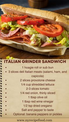 A deliciously hearty sandwich filled with savory Italian meats, cheeses, and a tangy vinaigrette. Perfect for lunch or a casual dinner, this Italian Grinder sandwich packs bold flavors in every bite.  Preparation Method: In a small bowl, whisk together olive oil, red wine vinegar, oregano, salt, and pepper to make the dressing. Layer the bottom half of the hoagie roll with the deli meats and provolone cheese. Add the shredded lettuce, tomato slices, red onion, and any optional toppings like banana peppers. Drizzle the dressing over the sandwich and top with the other half of the roll. Slice and serve immediately.  #ItalianGrinder #SandwichLovers #ItalianCuisine #EasySandwich #LunchIdeas Italian Hoagie Sandwiches, Italian Grinder Sandwich, Deli Style Sandwiches, Hoagie Sandwiches, Grinder Sandwich, Oregano Salt