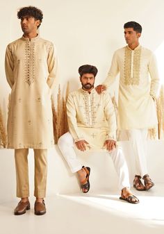 Ivory And Gold Silk Kurta Set Shreyansh - Fabilicious Fashion Luxury Beige Bandhgala For Reception, Minimal Wedding Guest Outfit Indian, Ivory Kurta For Men, Gold Traditional Wear With Pearl Embroidery For Eid, Elegant Wedding Kurta With Gold Embroidery, Elegant Gold Embroidery Wedding Kurta, Elegant Kurta With Gold Embroidery For Transitional Season, Elegant Kurta With Gold Embroidery, Elegant Gold Kurta With Intricate Embroidery