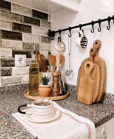 the kitchen counter is clean and ready to be used as a cook's station