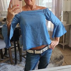 Nwt 100% Tencel Very Flowy Bell Sleeves Soft No Smoking Blue Non-stretch Top For Beach, Blue Blouse For Beach, Denim Blue Tops For Spring Vacation, Denim Blue Tops For Vacation In Spring, Denim Blue Summer Tops For Brunch, Denim Blue Tops For Summer Brunch, Bell Sleeves, Color Blue, Womens Tops