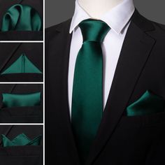 the green tie and black suit are being worn by a man in a white shirt