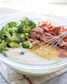 broccoli, ham and rice in a glass bowl