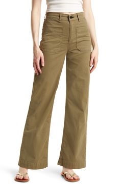 Front patch pockets refresh the look of perfectly wide-leg pants with a flattering high waist that make a retro-cool statement. 30" inseam; 20" leg opening; 12" front rise 98% cotton, 2% polyurethane Machine wash, line dry Made in the USA or imported Sailor Jean, Sailor Pants, High Waist Wide Leg Pants, Utility Pockets, Utility Pants, Twill Pants, Denim Patchwork, Wide Legs, Denim Top