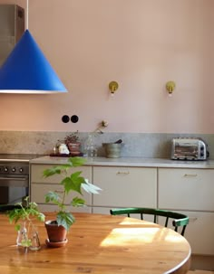 a kitchen with a wooden table and blue hanging lamp above the stove top, potted plant on the counter