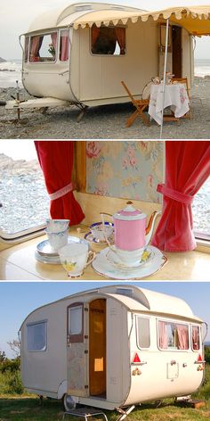 an old camper has been converted into a mobile home with curtains on the side