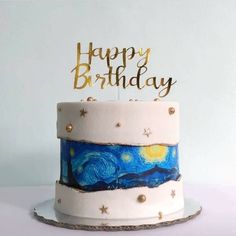 a birthday cake decorated with an image of the starry night