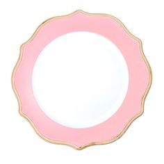 an empty pink and gold plate on a white background with golden trim around the edge