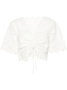 white cotton broderie anglaise sheer panels scallop edge ruched detailing plunging U-neck front tie fastening short sleeves asymmetric hem cropped Butterfly Blouse, Social Butterfly, Scallop Edge, City Dress, Summer Beach Wear, Cotton Blouse, U Neck, Cotton Blouses, Lady Dior