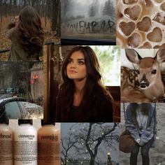 a collage of photos with deer and woman