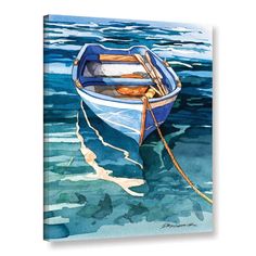 a watercolor painting of a blue boat floating on top of the ocean next to shore