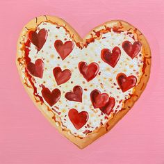 a heart shaped pizza on a pink background