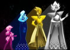 three different colored characters standing next to each other in front of a black background with white and blue shapes