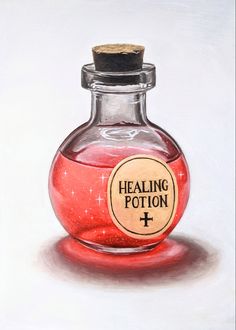 a painting of a bottle with a label on it that says, healing potion