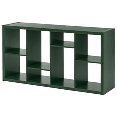 a green shelf with four shelves on each side