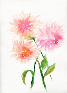 watercolor painting of three pink flowers on white paper with green stems and leaves in the foreground