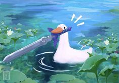 a painting of a duck holding a knife in the water with lily pads around it