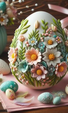 an easter egg decorated with flowers and leaves on a pink table cloth next to eggs