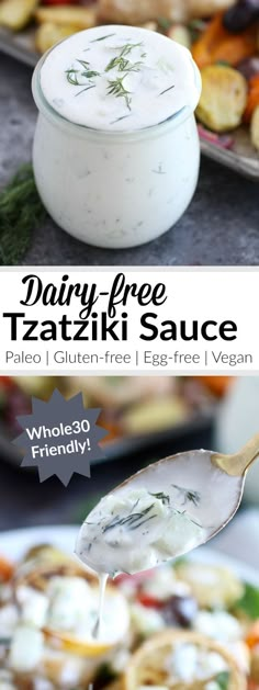 dairy - free tatzziki sauce in a bowl with a spoon on it