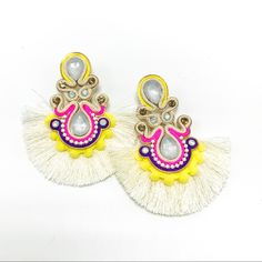 Neon Crystal Teardrop Tassel Fringe Earrings (E4) Neon Crystal Fans!! Crystal Teardrop Tassel Fringe Earrings Size : 2.25" X 3.5" Post Back Imported Sku:9012.99060 Trendy White Tassel Drop Earrings, Trendy White Tassel Earrings For Summer, White Tassel Earrings With Latkans As Gift, White Tassel Earrings With Latkans For Gift, White Tassel Earrings For Summer Party, White Tassel Chandelier Drop Earrings, White Tassel Earrings Gift, White Chandelier Drop Earrings With Latkans, White Beaded Tassel Earrings For Beach