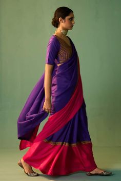 Blue and pink habutai silk saree with dori, marori and zardosi hand embroidery. - Aza Fashions Anarkali Pre-draped Saree With Gota Work In Cotton Silk, Purple Art Silk Pre-draped Saree For Navratri, Unstitched Purple Pre-draped Saree With Dori Work, Bollywood Style Purple Raw Silk Pre-draped Saree, Purple Katan Silk Pre-draped Saree With Cutdana, Purple Raw Silk Pre-draped Saree With Cutdana, Traditional Purple Cotton Silk Pre-draped Saree, Purple Pre-draped Saree With Dori Work, Silk Pre-draped Saree With Gota Work For Diwali