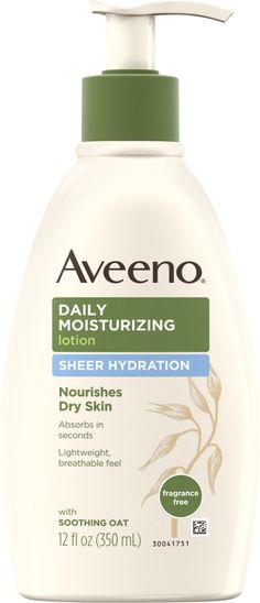 Intensely moisturize your skin with Aveeno Sheer Hydration Fragrance-Free Daily Moisturizing Body Lotion. This ultra-sheer lotion for dry skin absorbs in seconds, for a fresh, lightweight feel you'll want to use year-round. Made with nourishing oat, its unique formula is fragrance-free and provides 24 hours of moisture for beautiful, healthier-looking skin. This hydrating daily body moisturizer is non-greasy, non-comedogenic, paraben free, dye free, & allergy tested. From the dermatologist-recom Tattoo Lotion, Aveeno Lotion, Aveeno Daily Moisturizing Lotion, Daily Moisturizing Lotion, Lotion For Dry Skin, Body Lotion Cream, Moisturizing Body Lotion, Sunscreen Moisturizer, Oil Moisturizer