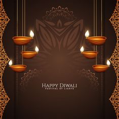 happy diwali festival with hanging candles on dark brown background and ornate border design