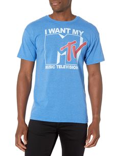 a man wearing a blue t - shirt that says i want my tv music television